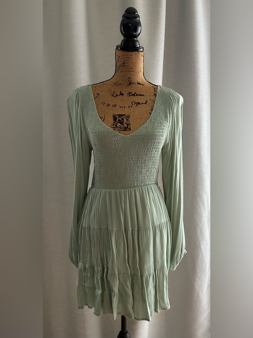 Altar'd State Sage Green Long Sleeve Smocked Waist Tiered Dress